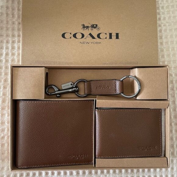 COACH Mens Dark Saddle Leather Wallet 3 piece Gift Set - Picture 1 of 4